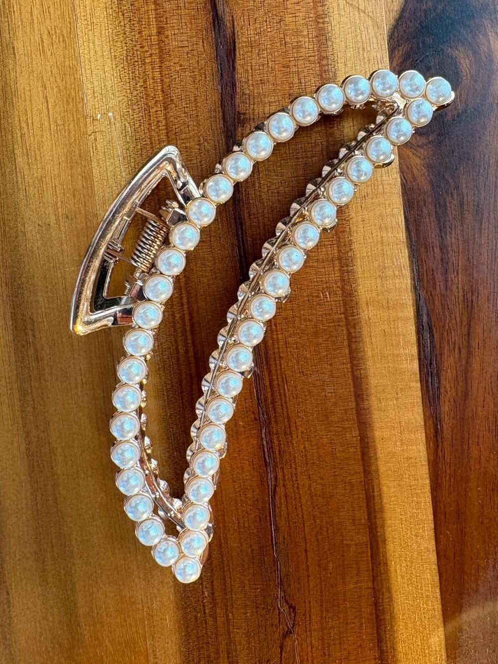 Faux Pearl Gold Tone Metal Hair Claw Clip Large Crescent Geometric